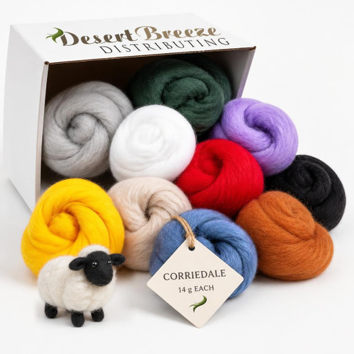 Corriedale Wool Roving for Needle Felting, 10 Colors, 1/2 oz (14 g) Each, 5 oz Total