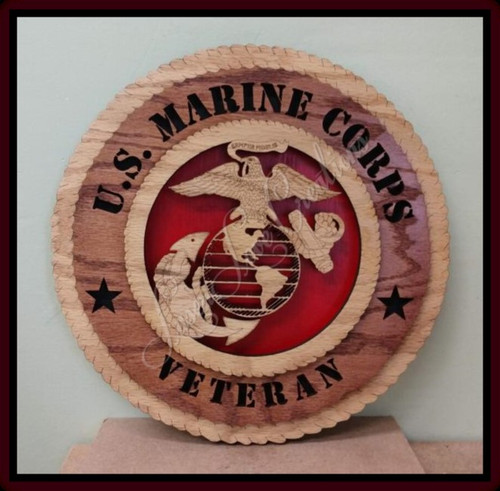 US Marine Corps - Veteran - ( Red Background ) - Laser Cut 3D Wood Wall Tribute Plaque 11¼"