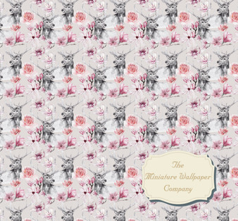 Floral Stag Dollhouse Miniature Wallpaper - All Scales Available - Self Adhesive And Fabrics - Miniature