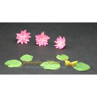 MTO - 5 Lotus and Lily Pads ~ Dolls House Miniatures ~ 12th Scale ~ Cold Porcelain Flowers-Miniature Flower- Jennifer Khan