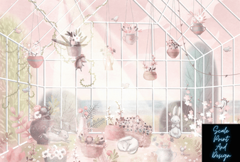 Fantasy Greenhouse Pink Wall Mural - Miniature Wall Mural - Dollhouse Wallpaper - Miniature Flooring