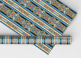 Blue Floral Stripe Luxury Dollhouse Wallpaper - Dollhouse Miniature - 6th to 144th Scale - Miniature Flooring