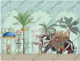 Mughal Royal Elephant Mural  Dollhouse Miniature Wallpaper - All Scales Available - Paper, Self Adhesive or Fabric - Miniature Paper