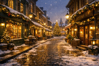 Christmas In the Village Dollhouse Miniature Wallpaper - All Scales Available - Self Adhesive And Fabrics - Miniature