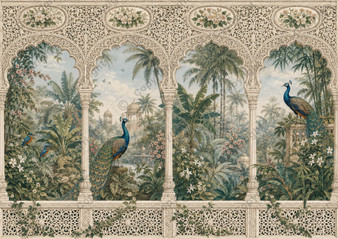 Ivory Mughal Arches and Peacock Garden Wallpanel - Dollhouse Miniature Wallpaper - All Scales Available - Papers, Self Adhesive And Fabrics