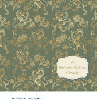 Sage And Gold Lions - Luxury Dollhouse Miniature Wallpaper - All Scales Available - Papers, Self Adhesive And Fabrics