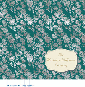 Teal And Silver Florals - Luxury Dollhouse Miniature Wallpaper - All Scales Available - Papers, Self Adhesive And Fabrics