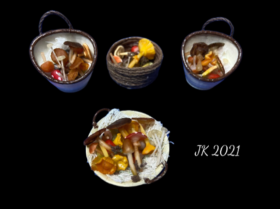 MTO - Set of 4 Baskets Mushrooms - 12th Scale For Dollhouse - Miniature Food-Miniature vegetables-12th scale Food - Made by Jennifer Khan