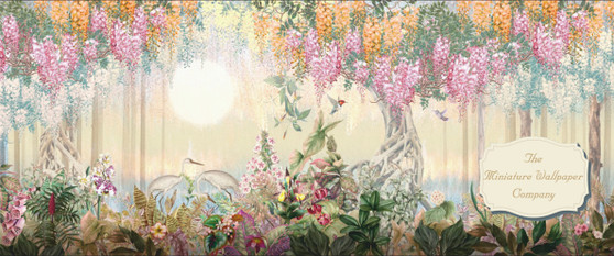 Bird Haven Light Mural  Dollhouse Miniature Wallpaper - All Scales Available - Paper, Self Adhesive or Fabric-Miniature Paper