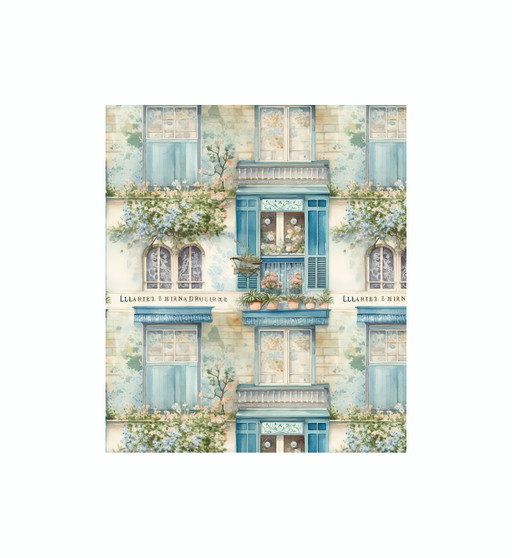 French Blue Windows Dollhouse Wallpaper