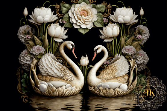 Swan Love Mural - Luxury Dollhouse Miniature Wallpaper - All Scales Available - Papers, Self Adhesive And Fabrics