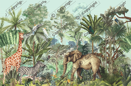 Tropical Jungle Mural  Dollhouse Miniature Wallpaper - All Scales Available - Paper, Self Adhesive or Fabric - Miniature Paper