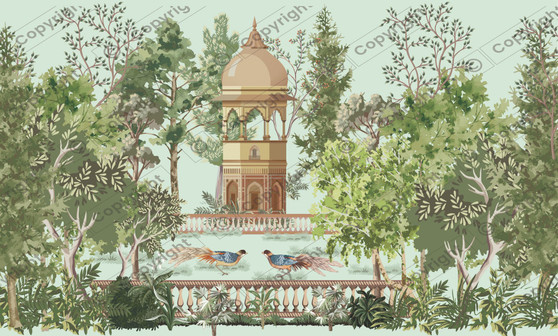 Old Mughal Temple Mural  Dollhouse Miniature Wallpaper - All Scales Available - Paper, Self Adhesive or Fabric - Miniature Paper