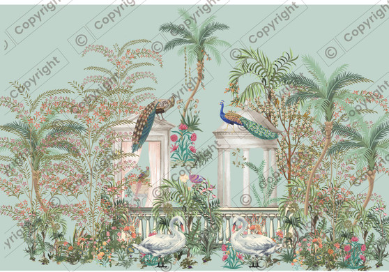 Mughal Garden Of Birds Mural  Dollhouse Miniature Wallpaper - All Scales Available - Paper, Self Adhesive or Fabric - Miniature Paper