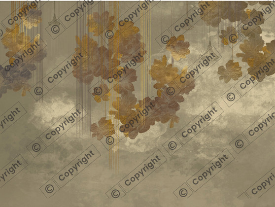 Golden Leaves Mural Gold  Dollhouse Miniature Wallpaper - All Scales Available - Paper, Self Adhesive or Fabric - Miniature Paper