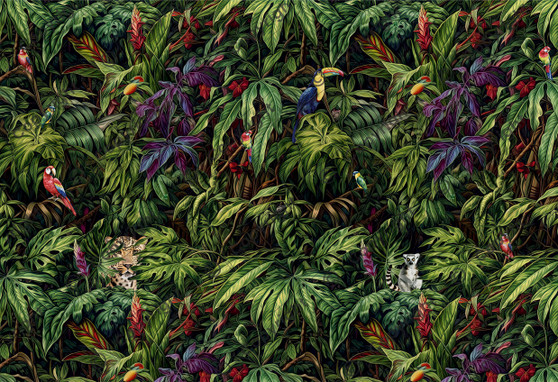 Tropical Birds Mural  Dollhouse Miniature Wallpaper - All Scales Available - Paper, Self Adhesive or Fabric - Miniature Paper