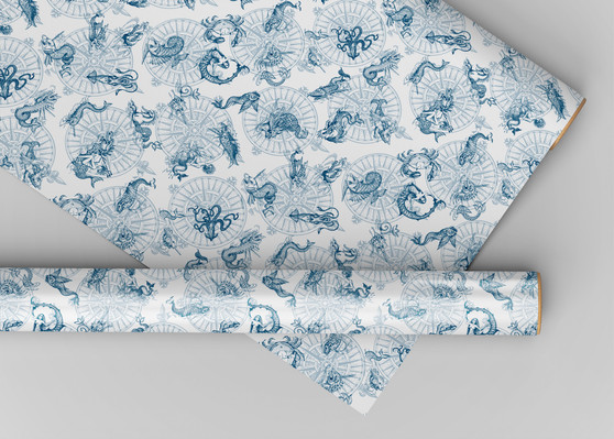 Sea Monster Toile - Dollhouse Miniature Wallpaper - All Scales Available - Papers, Self Adhesive And Fabrics