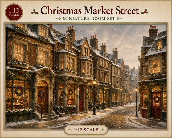 Christmas Market Street Dollhouse Miniature Wallpaper - All Scales Available - Self Adhesive And Fabrics - Miniature
