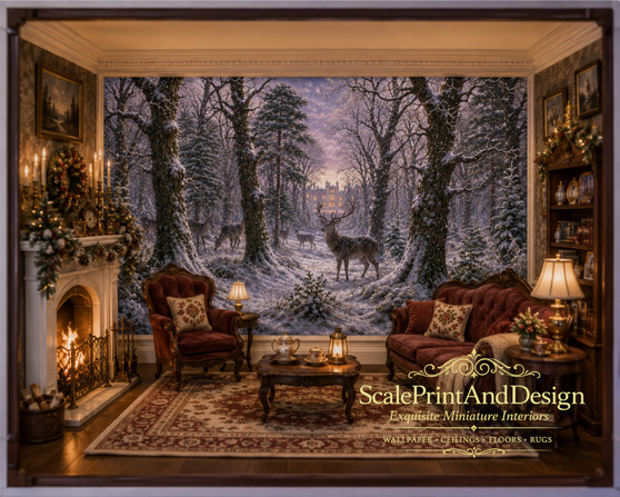 Enchanted Winter Woods Moxk Dollhouse Miniature Wallpaper - All Scales Available - Self Adhesive And Fabrics - Miniature