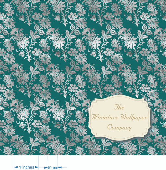 Teal And Silver Florals - Luxury Dollhouse Miniature Wallpaper - All Scales Available - Papers, Self Adhesive And Fabrics