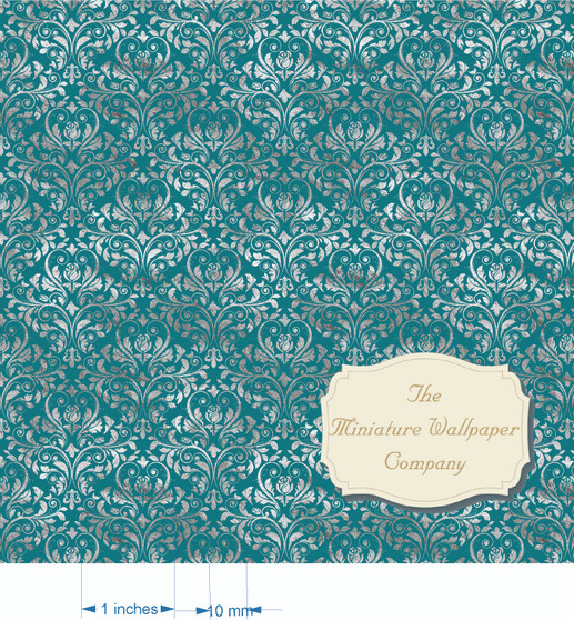 Teal Silver Frost - Luxury Dollhouse Miniature Wallpaper - All Scales Available - Papers, Self Adhesive And Fabrics