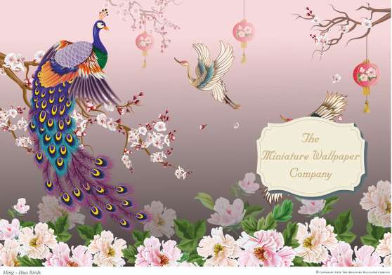 Ming-Hua Bird Mural Dollhouse Miniature Wallpaper - All Scales Available - Paper, Self Adhesive or Fabric - Miniature Paper