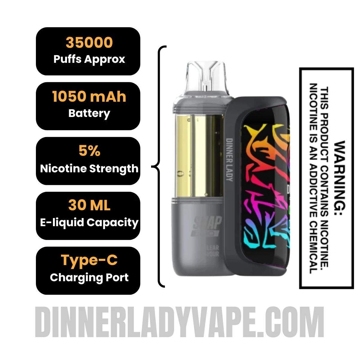 Clear Dinner Lady Snap Pro 35K Disposable Vape Kit Specifications