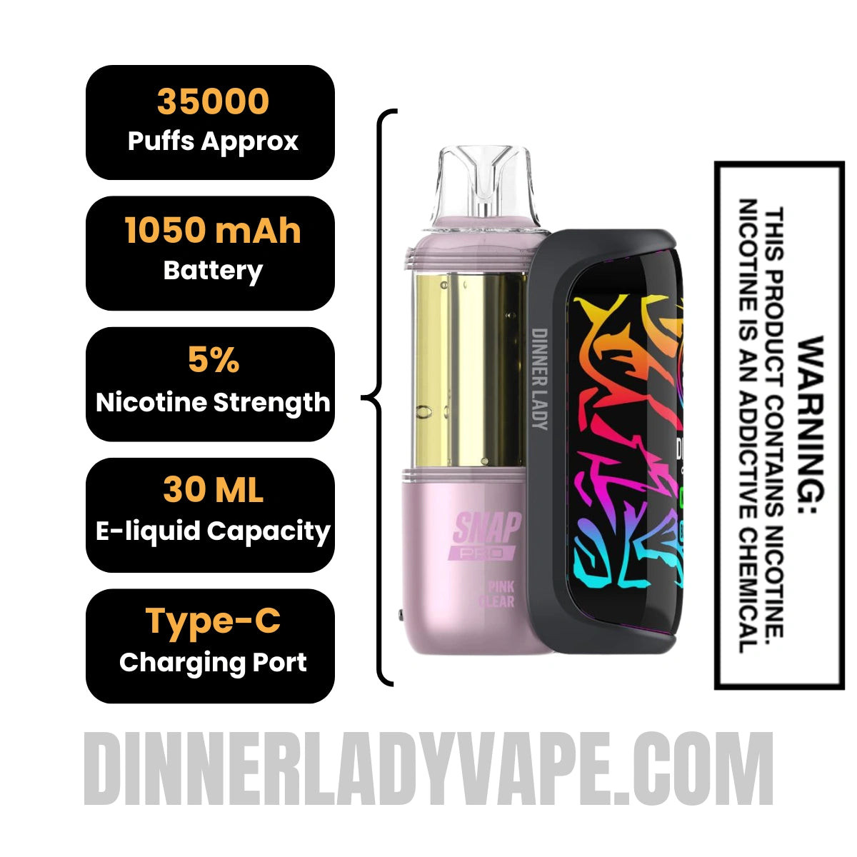 Clear Pink Dinner Lady Snap Pro 35K Disposable Vape Kit Specifications
