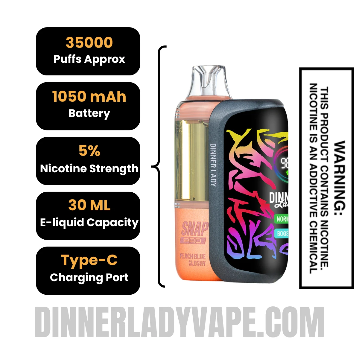 Peach Blue Slushy Dinner Lady Snap Pro 35K Disposable Vape Kit Specifications