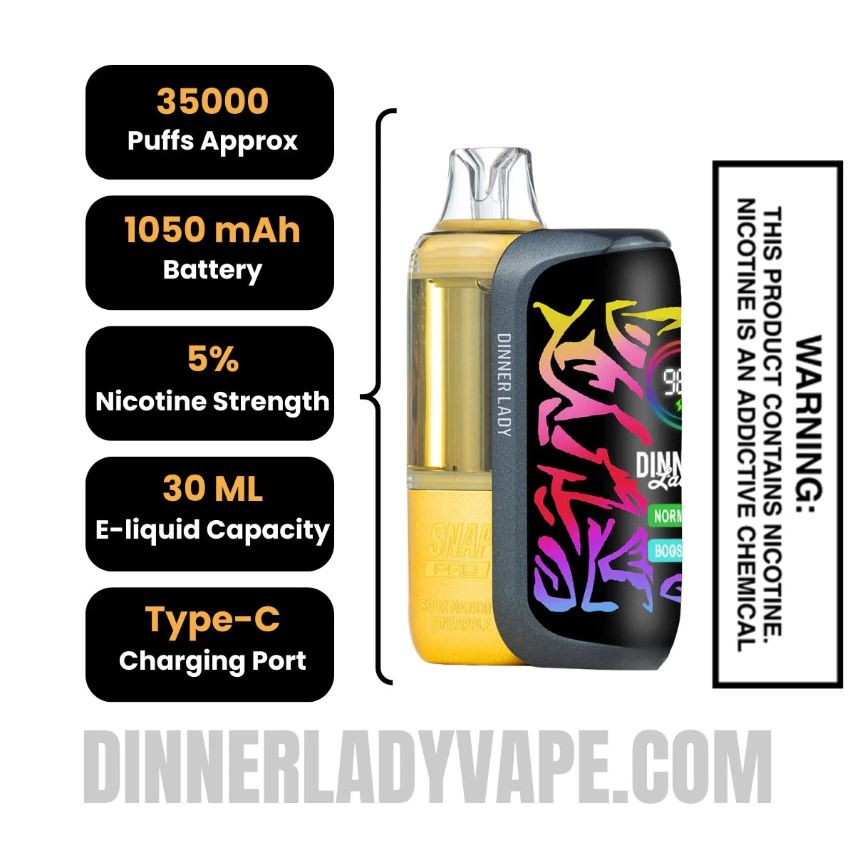 Sour Mango Pineapple Dinner Lady Snap Pro 35K Disposable Vape Kit Specifications