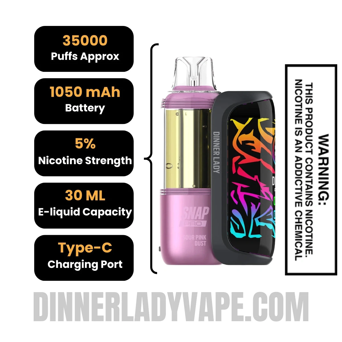 Sour Pink Dust Dinner Lady Snap Pro 35K Disposable Vape Kit Specifications