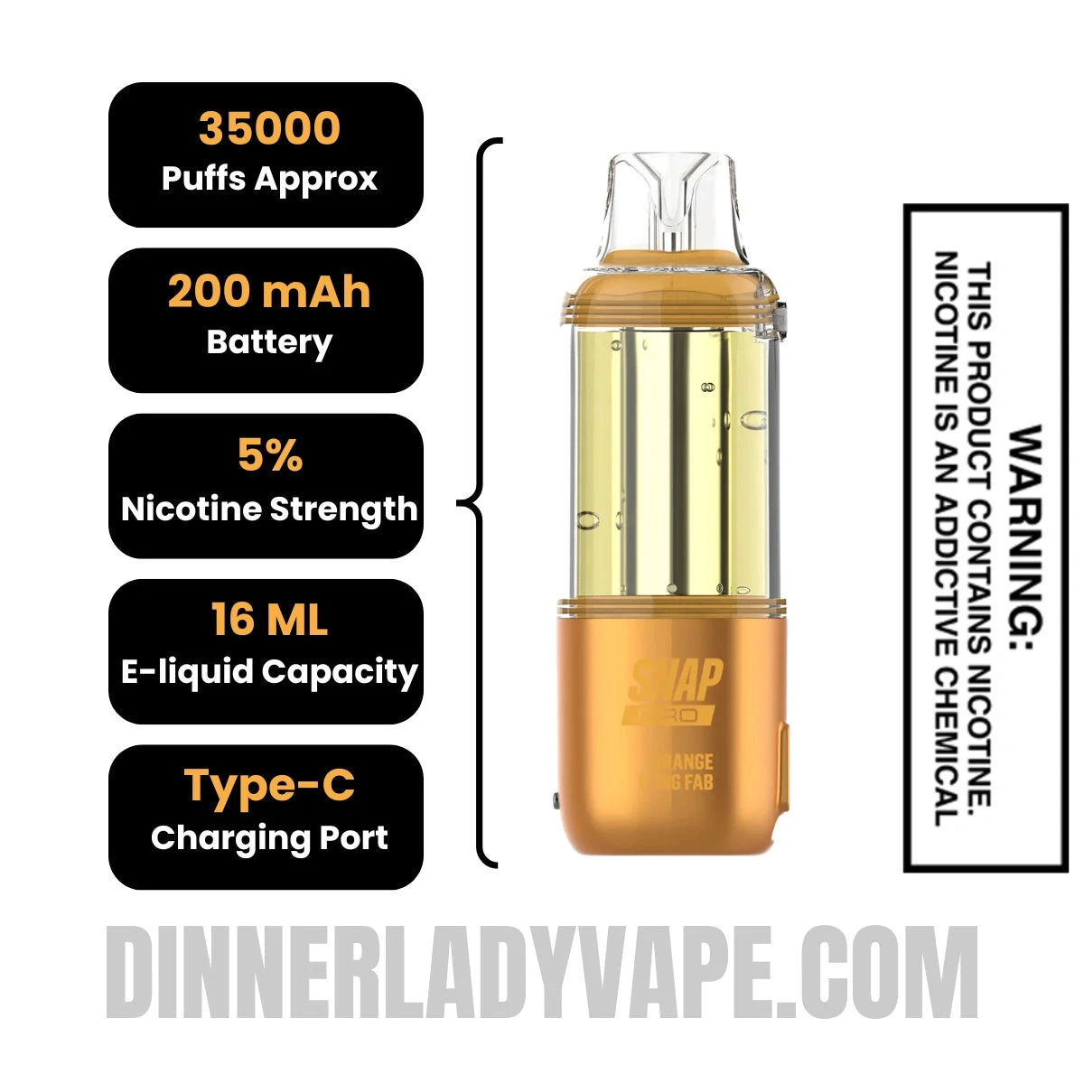 Orange F*king Fab Dinner Lady Snap Pro 35K Disposable Vape Pod Specifications
