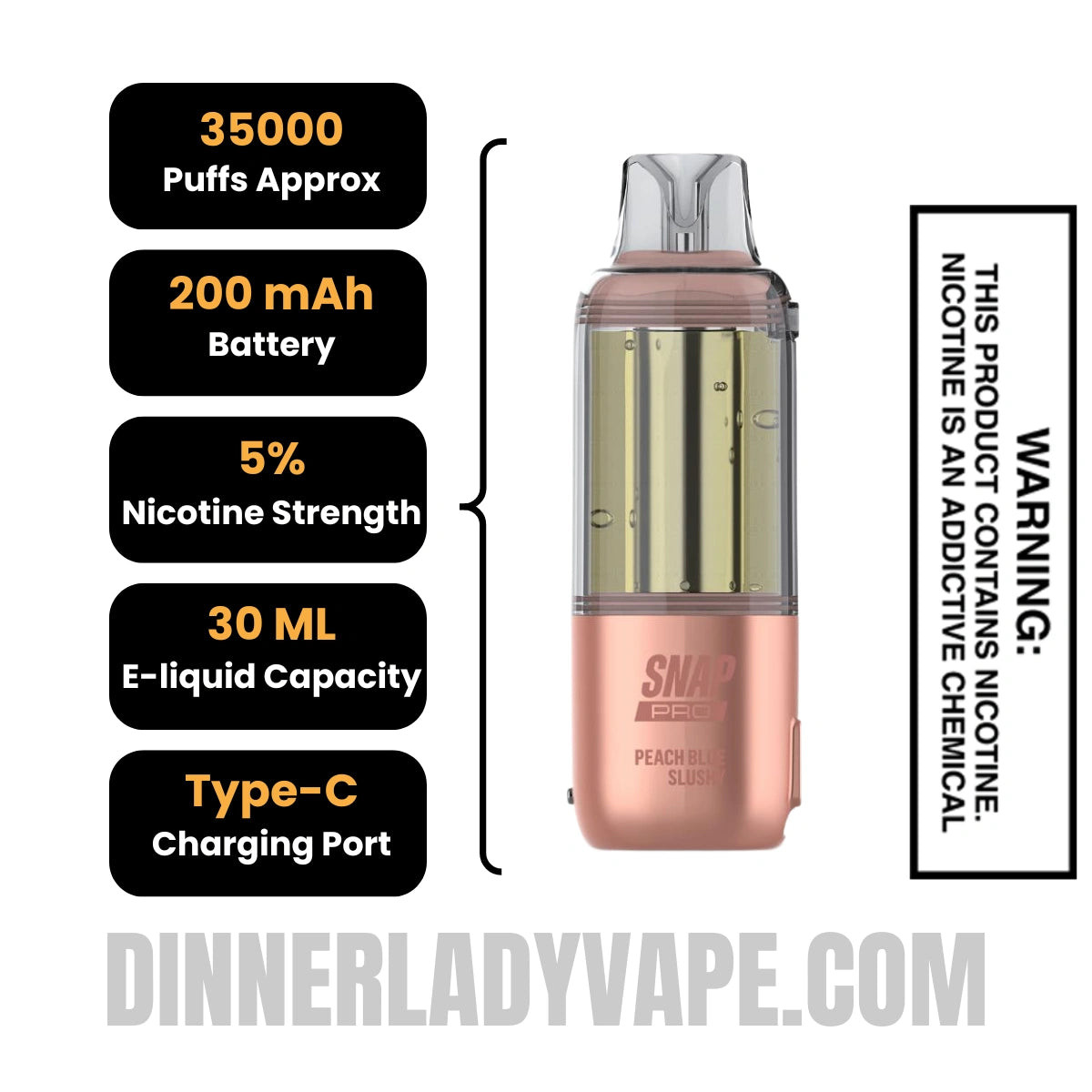 Peach Blue Slushy Dinner Lady Snap Pro Intense 35K Pre-filled Replacement Pod Specifications