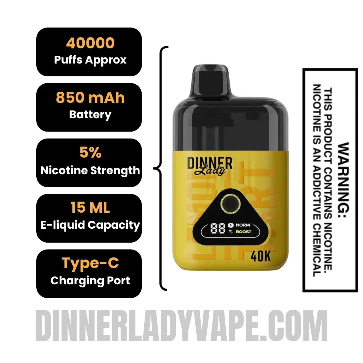Lemon Tart Dinner Lady Desserts 40K Disposable Vape Specifications