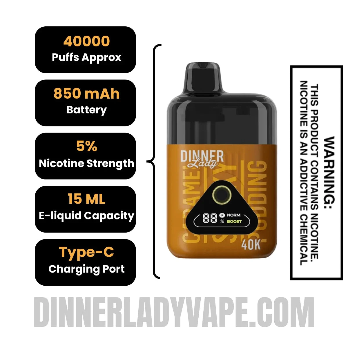 Caramel Sticky Pudding Dinner Lady Desserts 40K Disposable Vape Specifications