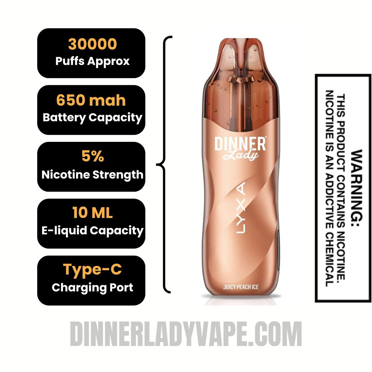 Peach Blue Razz Dinner Lady LYXA 30K Disposable Vape Specifications