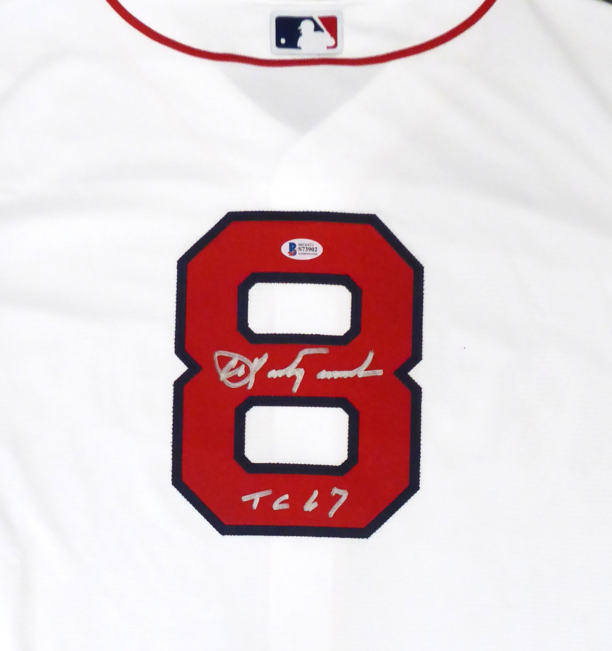 Boston Red Sox Carl Yastrzemski Autographed White Majestic Cool Base Jersey  TC 67 Size XL Beckett BAS
