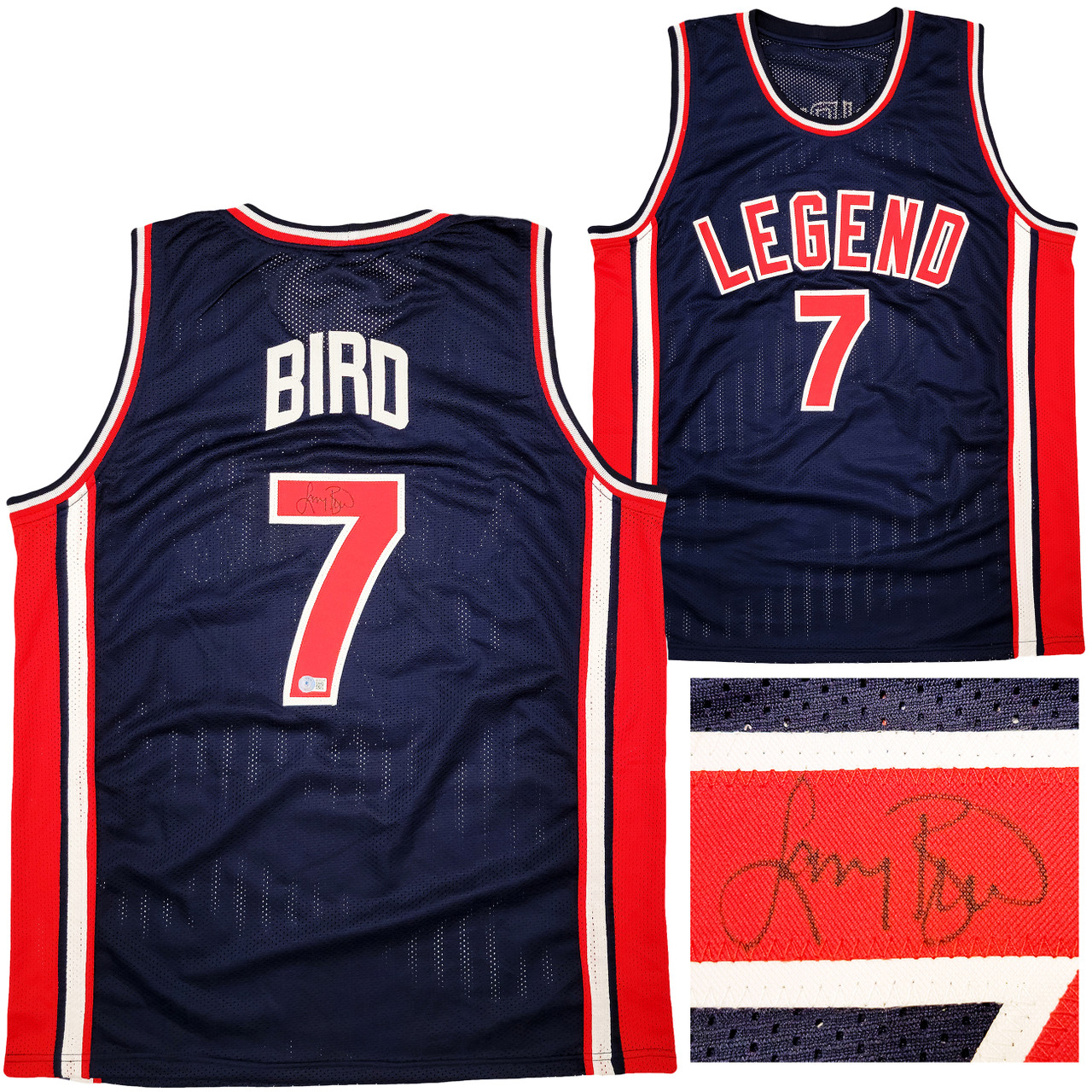 Mil Boston Celtics Larry Bird Autographed Navy Blue Jersey Beckett BAS Stock #203450