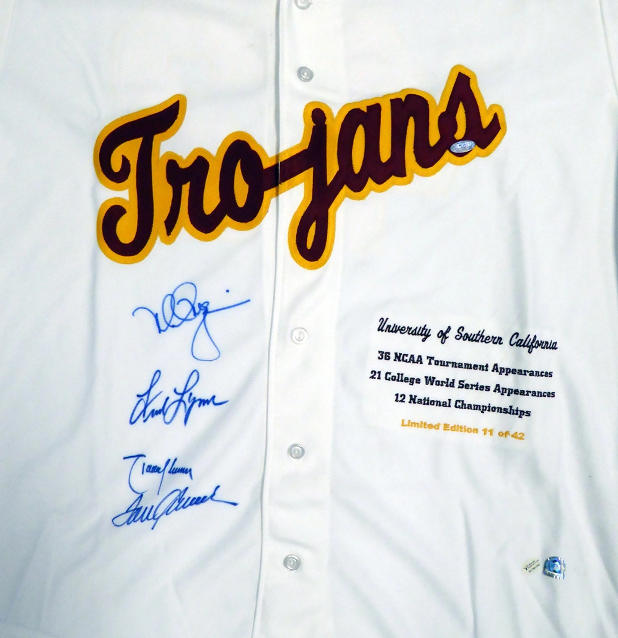 USC Trojans Legends Autographed White Jersey With 4 Signatures