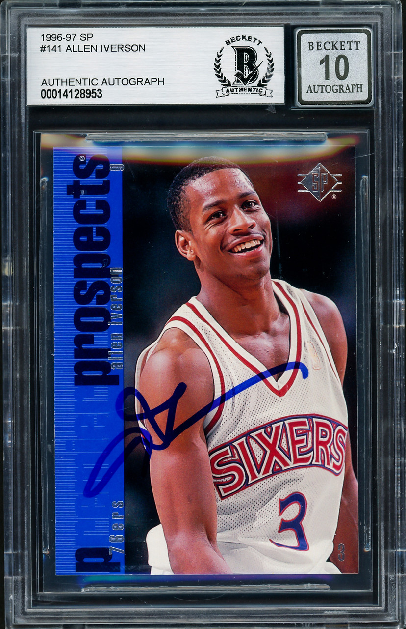 Allen Iverson Autographed 1996-97 Upper Deck SP Rookie Card #141  Philadelphia 76ers Auto Grade Gem Mint 10 Beckett BAS #14128953