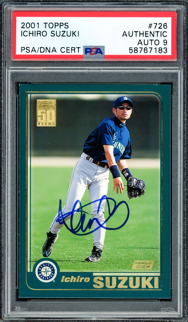 Ichiro Suzuki Autographed 2001 Topps Rookie Card #726 Seattle Mariners Auto  Grade Mint 9 PSA/DNA Stock #207428