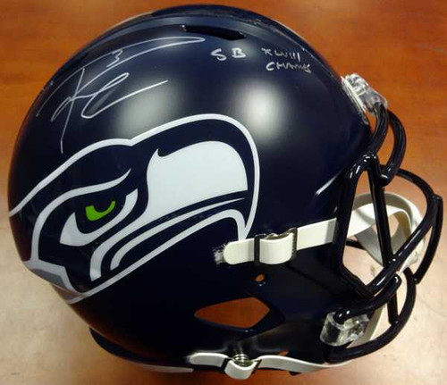 Russell Wilson Autographed Seattle Seahawks Full Size Speed Replica Helmet in Silver "SB XLVIII Champs" RW Holo Stock #94268