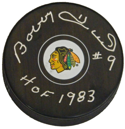 Bobby Hull Signed Chicago Blackhawks Logo Hockey Puck w/HOF 1983