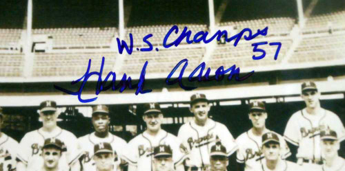 Hank Aaron Autographed 11x14 Photo Braves "WS Champs 57" JSA #M61836