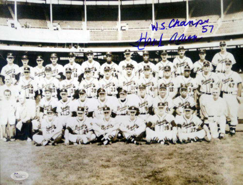 Hank Aaron Autographed 11x14 Photo Braves "WS Champs 57" JSA #M61836