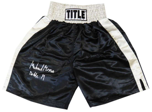 Michael Moorer Signed Title Black With Silver Waist Boxing Trunks w/Double M