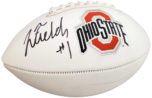 Justin Fields Autographed Ohio State Buckeyes White Logo Football Beckett BAS