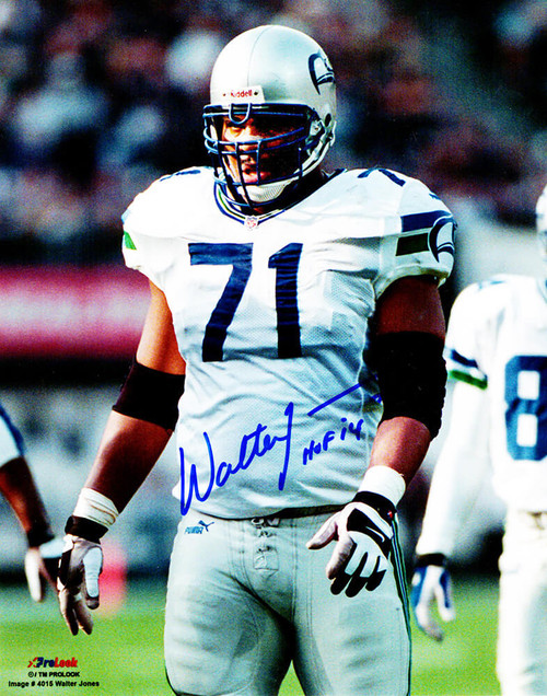 Walter Jones Signed Seattle Seahawks White Jersey Action 16x20 Photo w/HOF' 14 - Schwartz Authenticated