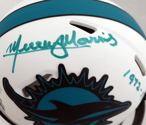 Mercury Morris Autographed Miami Dolphins Lunar Eclipse White Speed Mini Helmet "1972 17-0" Beckett BAS QR Stock #194065