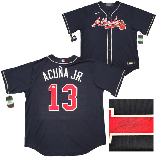 Sports Integrity Ronald Acuna Jr Signed Custom Navy Blue Pro-Style Baseball Jersey BAS Itp